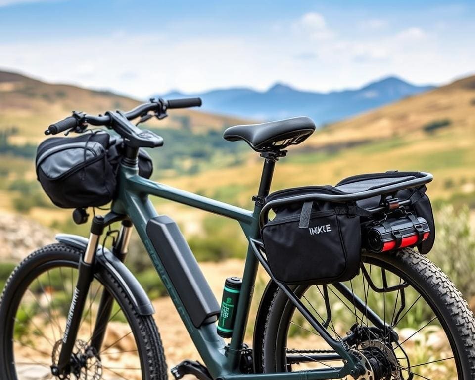 E-Bike-Zubehör mit Fahrrad Satteltaschen und Ersatzakku für E-Bikes