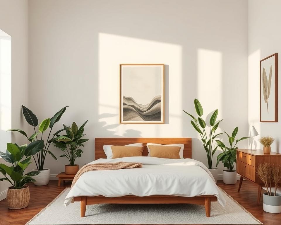 Schlafzimmer Deko Ideen mit Kunst und Pflanzen